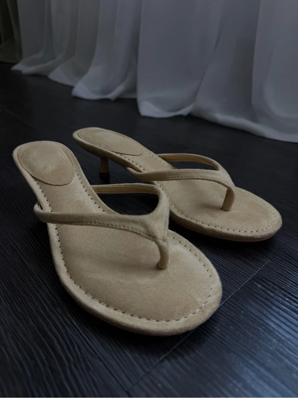 Beige Suede Thong Heels - Women